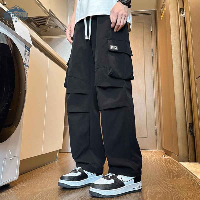 Dingfengbaoluo American-Style Cargo Casual Pants for Men, Spring And Summer Trendy Versatile Loose Paratrooper Tactical Trousers DDF32 Black L