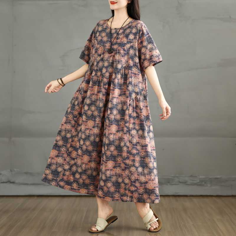 Летнее ретро платье из хлопка и льна с круглым вырезом и короткими рукавами, женская свободная юбка