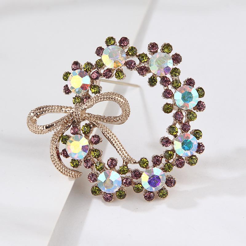Luxury Vintage Crystal Color Gemstone Ribbon Flower Alloy Brooch Pin Corsage Accessories Brooch