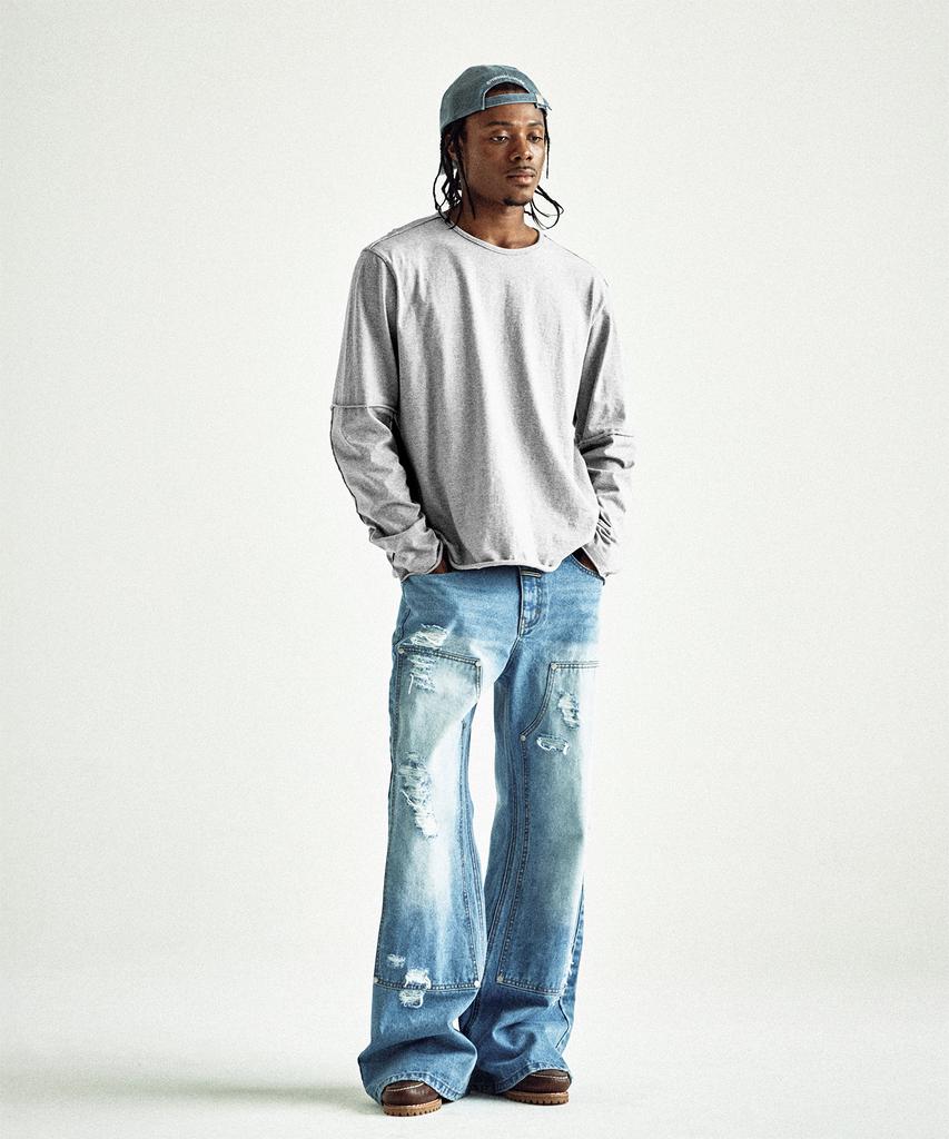 THEVINYLHOUSE Серая футболка с отрезным слоем и длинным рукавом