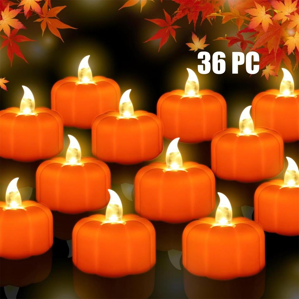 Tea Lights Decorations Fall Decor, 36 /12Pack LED Orange  Lights Flameless Candles Battery Operated, Halloween Thanksgiving Flickering Tealight