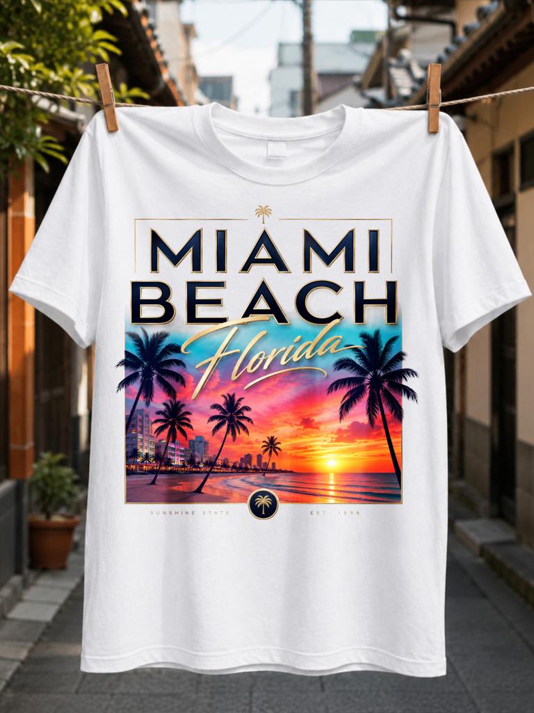 Miami Beach Florida Lettering With Sunset Skyline Palm Trees And Gold Framed Tropical Travel Style Unisex All TShirt