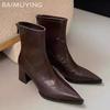 Winter Leather Chunky Women Ankle Boots Pointed Toe Mid Heels Elegant Shoes 2025 Trend Fahion Pumps Goth Chelsea Botas De Mujer