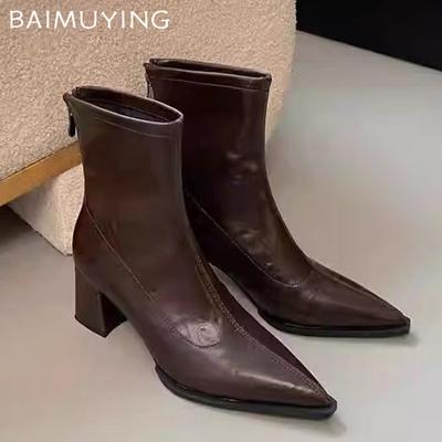 Зимние кожаные женские ботильоны на толстой подошве с острым носком на среднем каблуке, элегантная обувь 2025 года, модные туфли-лодочки в готическом стиле, челси, Botas De Mujer