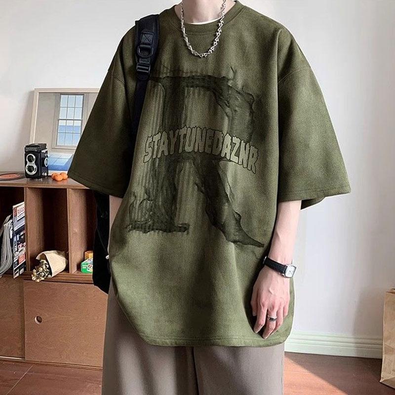 Американские пуловеры с ретро-буквами, мужская одежда, с круглым вырезом, с принтом, летние, повседневные, свободного кроя, в молодежном стиле, уличная мода, футболки с коротким рукавом