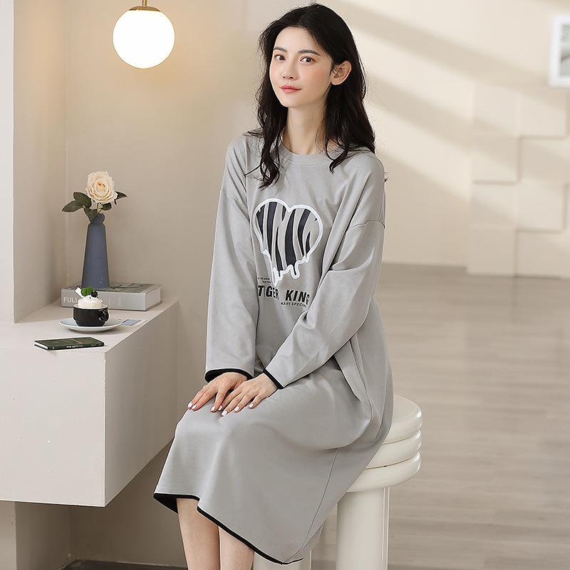 Хлопковое платье с принтом, женская пижама, корейская осенняя ночная рубашка миди с круглым вырезом и длинными рукавами, домашняя одежда, повседневная шикарная одежда