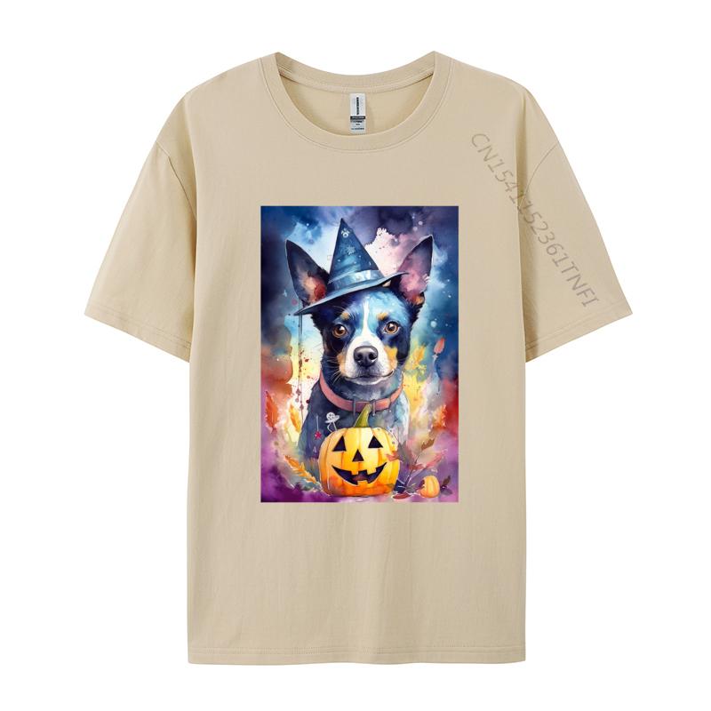 Halloween Blue Heeler With Pumpkins Dog T Shirt New Coming Cotton Adult T Shirt Slim Fit Fitted Round Neck TShirt