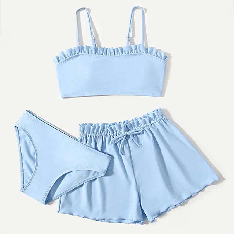 1Set Children's Solid Color Ruffled Two-piece Swimsuit Girls Three-piece Swimsuit Set