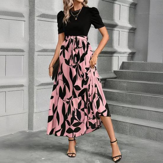 Летнее платье с круглым вырезом, коротким рукавом, высокой талией, длинное платье с принтом листьев и струящимся подолом, повседневная одежда