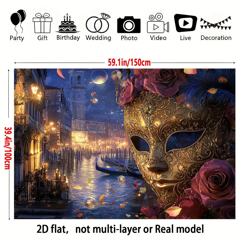 2D plane one-person Venice Carnival mask photography background - gold and Venetian architecture gondola and rose design