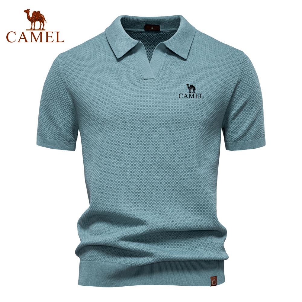 Camel Summer Embroidery Large Pineapple Pattern Woolen Polo Sweater for Men's Business, Seagull Collar, Men's Short Sleeve Sweater