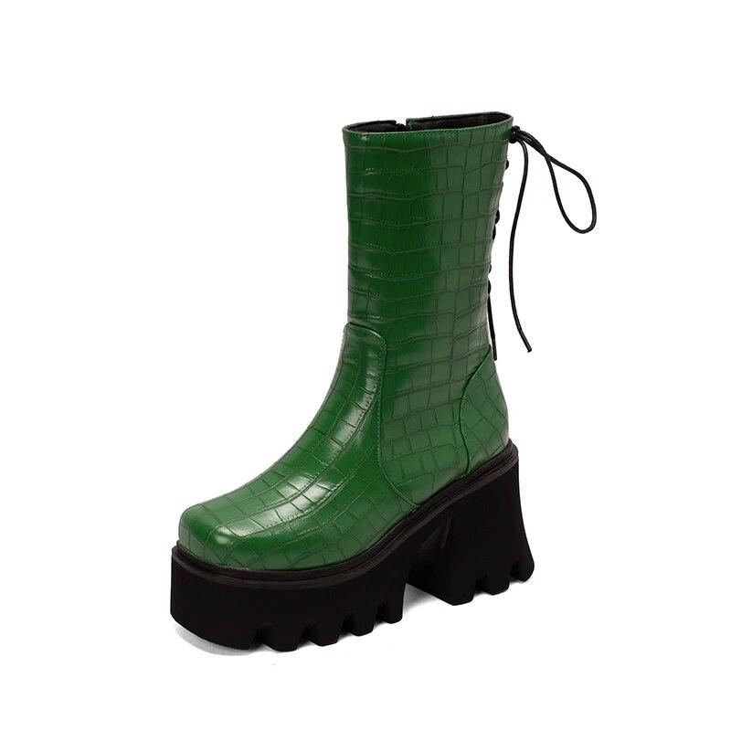 Size 34-44 Est Arrive Est Estpu Zipper Ankle Boots Square Toe Thick High Heels Boots Woman Punk Ladies Platform Boots White