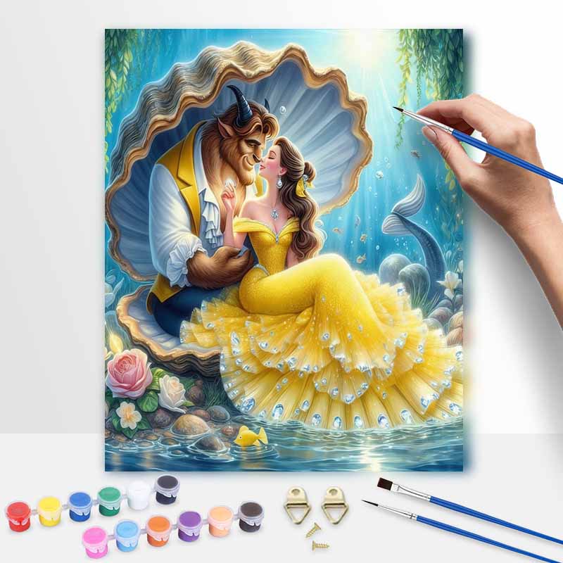 Beauty and the Beast DIY Oil Painting Kit, Home Decor Handmade Gift for Adults, Romantic Ocean Shell Art Craft Set for Wall Decor