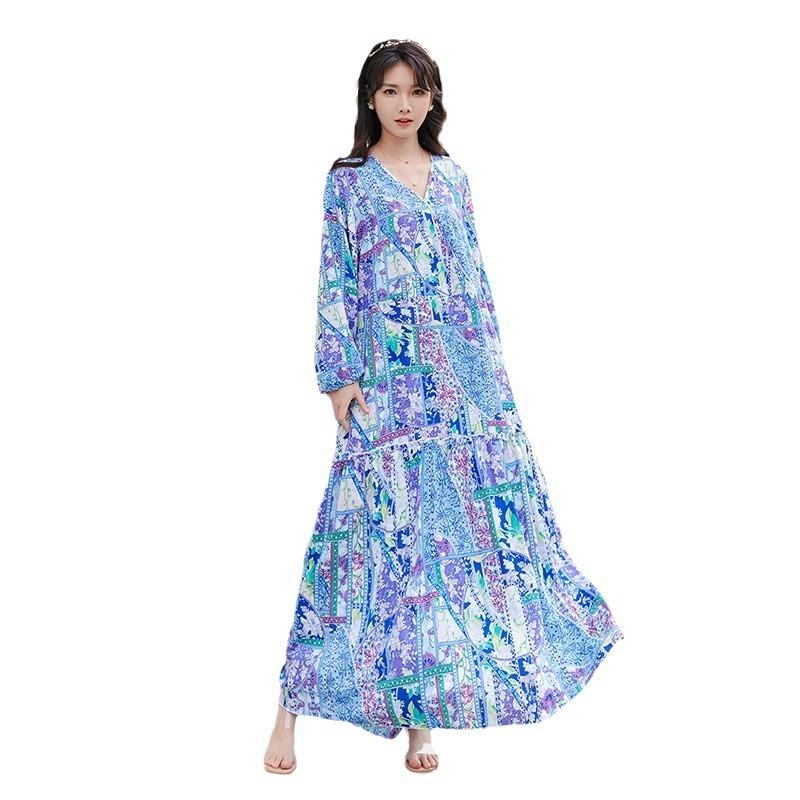 Плюс Размер Женское Осеннее Праздничное Шифоновое Платье С Длинными Рукавами V-образный Вырез Длинное Свободное Платье