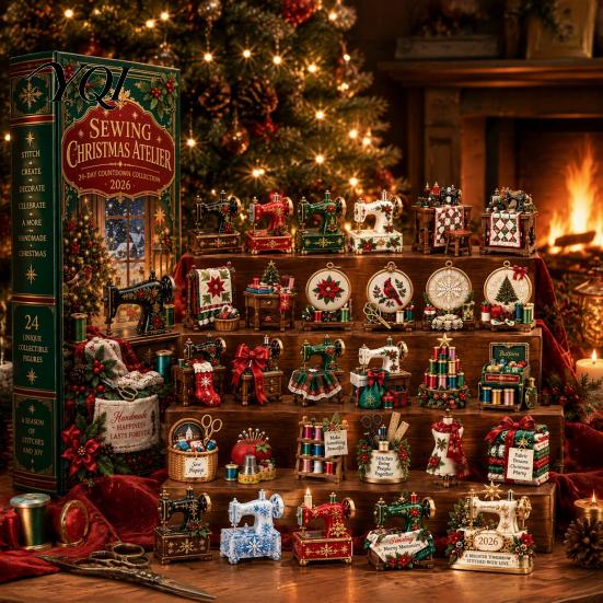 Christmas Countdown Box Sewing Workshop Advent Calendar, 24-Day with Miniature Craft Hobbyist Gift Acrylic Ornaments for Holiday Desktop Decoration