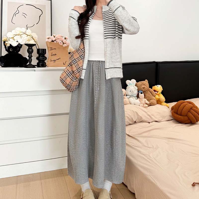 Skirt for Women Casual High Waist Long Loose Thickened Stretchy Slim Solid Colour Skirt