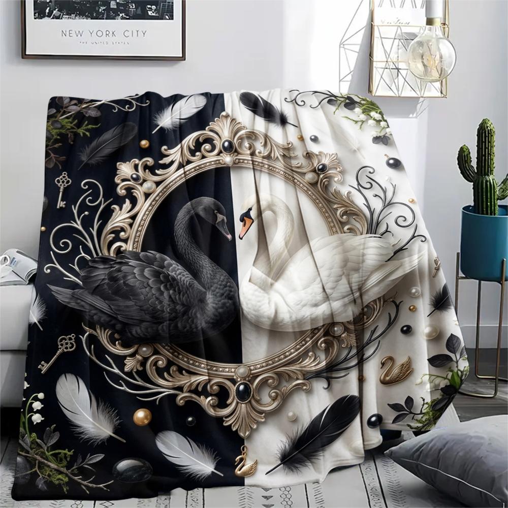 1Pc Black&White Swan Print Flannel Blanket, High quality Comfortable for All Seasons, Home Decor, Warmth and Comfort, Perfect for Christmas Gifts W33
