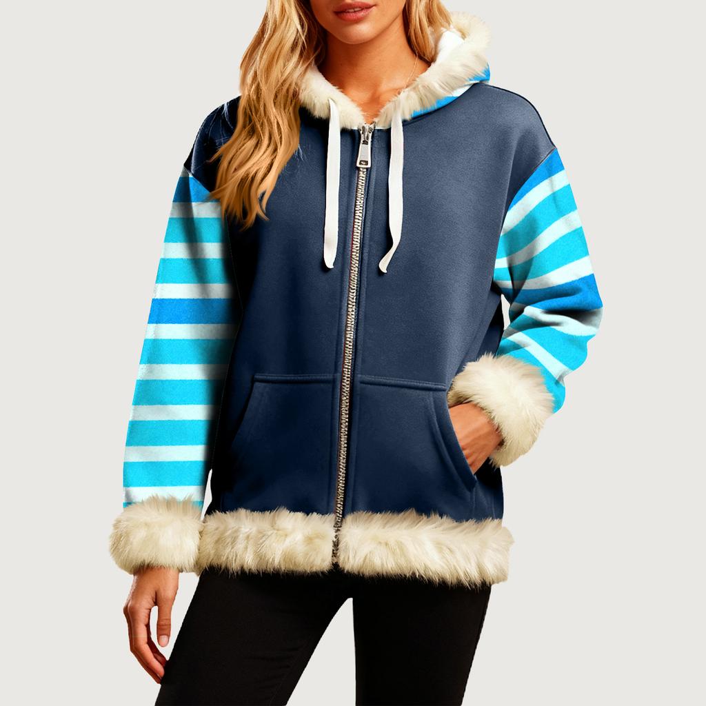 Женская Удобная Свободная Модная Повседневная Толстовка-Куртка с Длинным Рукавом, Карманами и Капюшоном с Полосатым Принтом