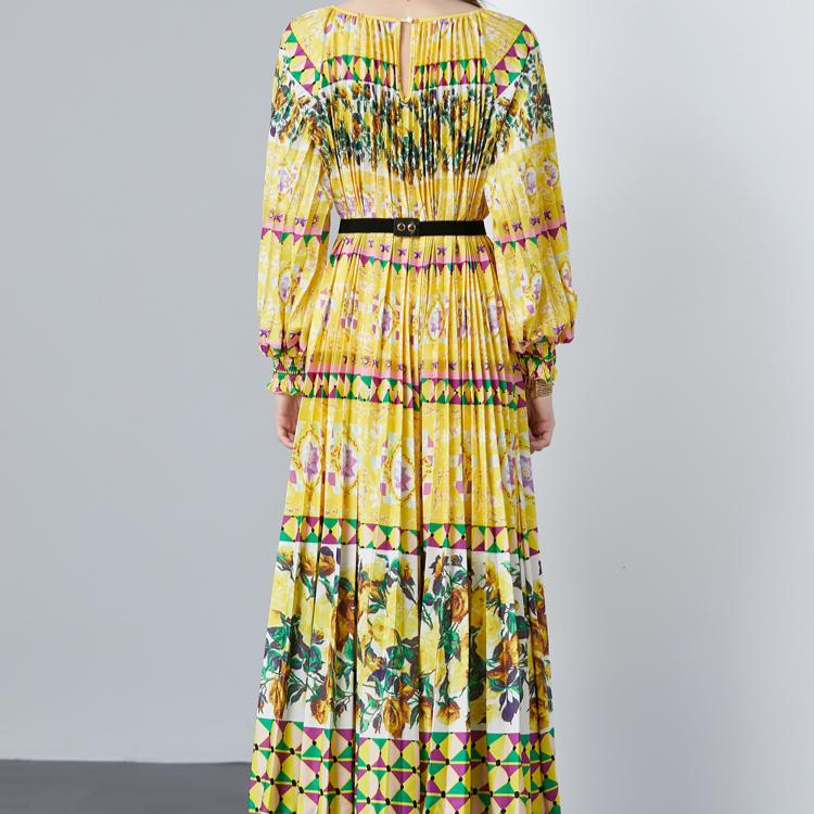 Весна Осень Женские Дизайнерские Платья С Принтом Оверсайз Длинные Макси Праздничные Вечерние Плиссированные Платья с Поясом