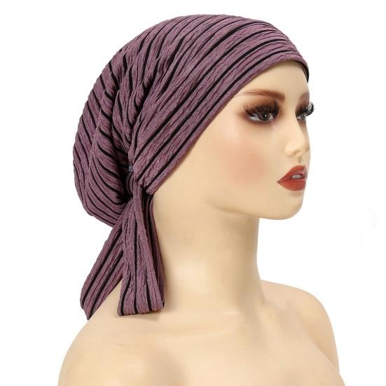 Women Headscarf Hat Striped Print Lace-up Turban Hat Hair Loss Chemotherapy Headwear Full Coverage Head Wrap