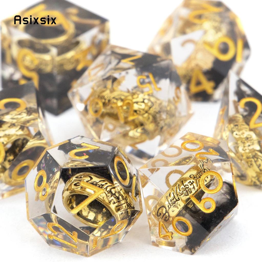 7 Pcs Black Resin Ring Golden Number Sharp Edge Dice Polyhedral Dice Suitable for Role-Playing RPG Board Game