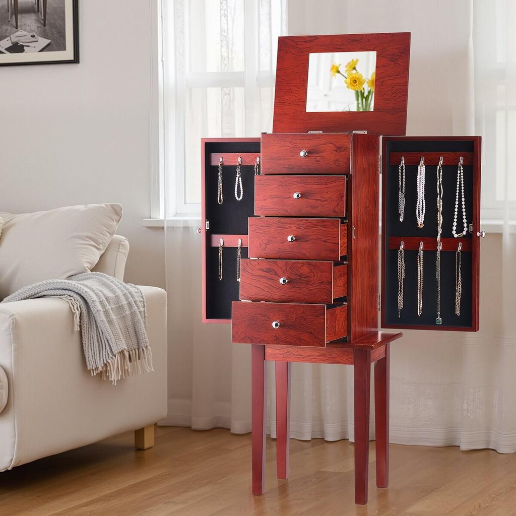Jewelry Cabinet Armoire, Standing Wood Jewelry Storage Chest with 4 Spacious Drawers, Flip Top Mirror, 4 Top Storage Compartments, Zinc Alloy Handles,