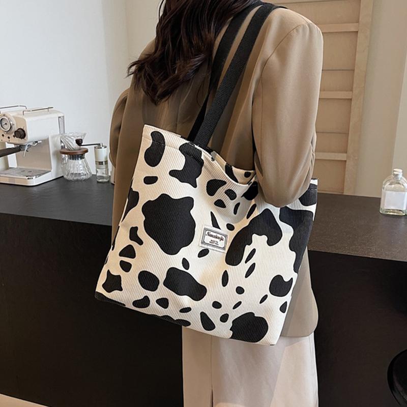 Модная вельветовая сумка-тоут с принтом коровы большой вместимости для женщин, многоразовая милая сумка через плечо для поездок на работу с молнией, складная сумка для покупок AVE