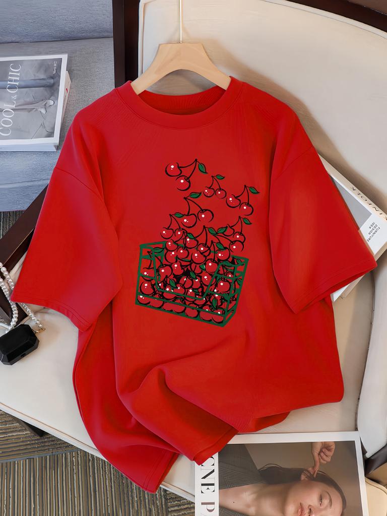 Женская футболка с принтом «Корзина вишен», дышащая, повседневная, летняя, с коротким рукавом, мягкая, свободная, уличная одежда
