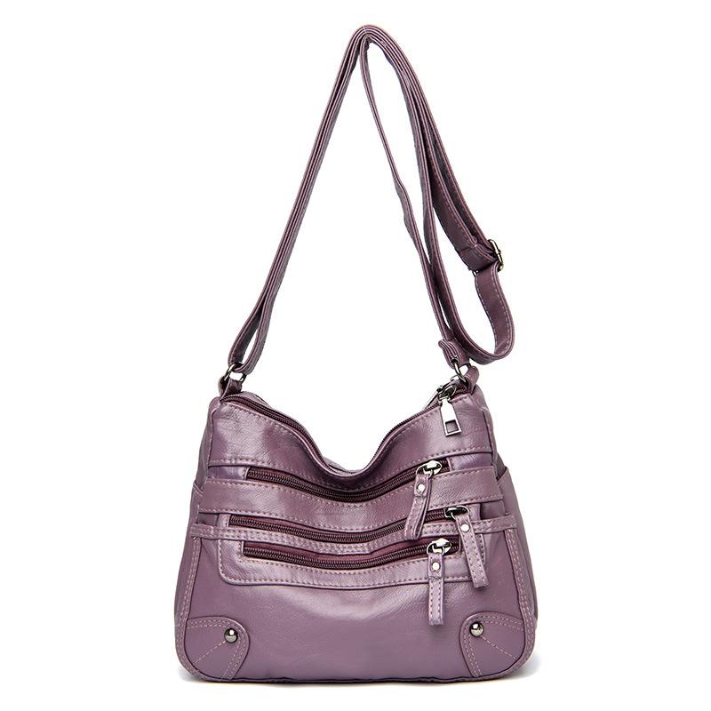 Solid Color Multi Zipper Bag Vintage Soft Leather Shoulder Bag Casual Crossbody Purse For Work