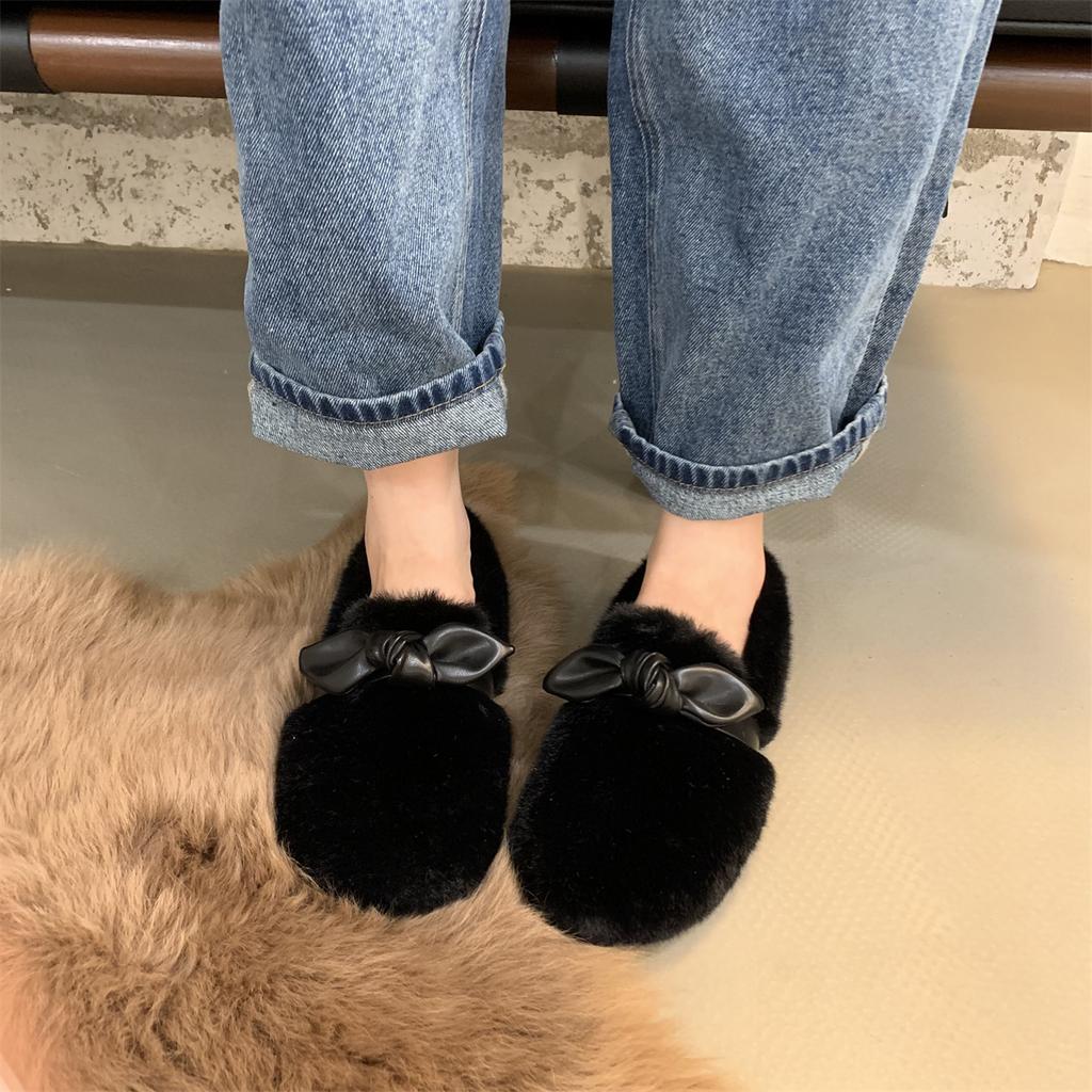 Модная женская обувь 2024 года, зимние новые повседневные мокасины без застежек, повседневные зимние туфли с круглым носком, на шнуровке, однотонные, с бантом
