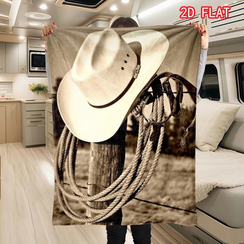 Vintage Western Rodeo Gear Blanket, Retro Cowboy Hat & Rope Themed Soft Cover