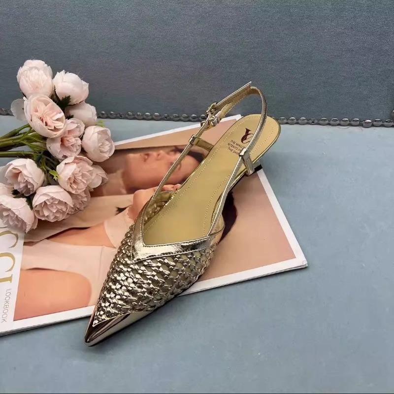 Мода 2025 Лето Острый каблук-рюмочка Дышащие Плетеные вручную Золотые и Серебряные Французские Сандалии для Женщин