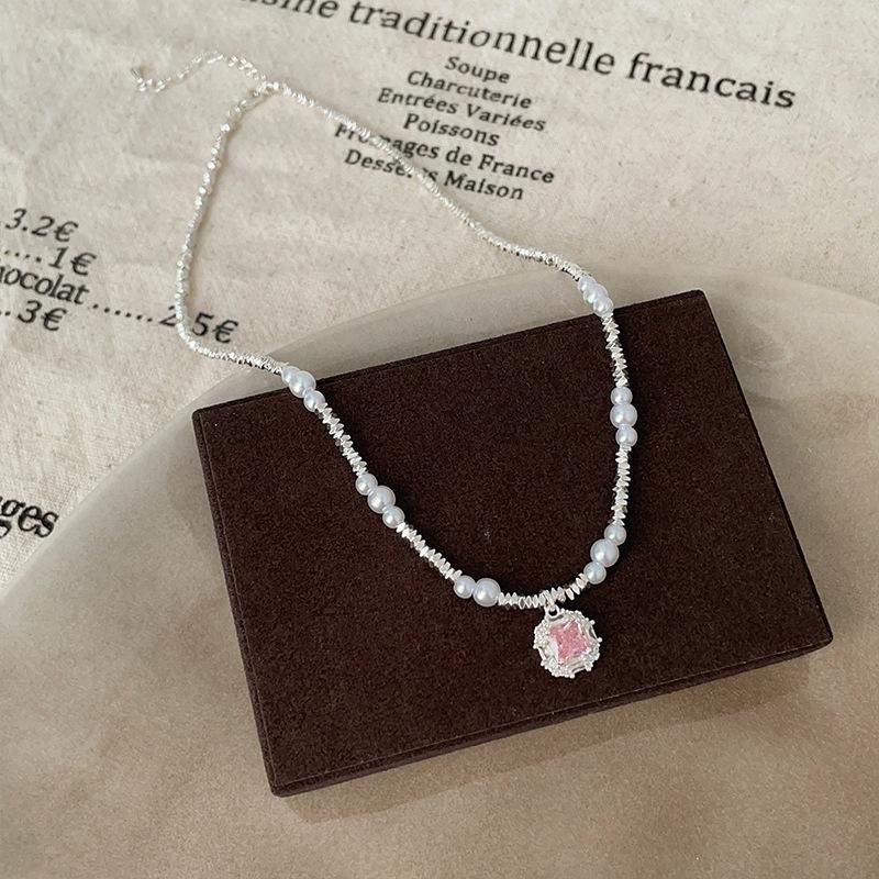 Подвеска из розового циркония, сломанное серебро, жемчужное ожерелье, изысканная женская индивидуальность, модный темперамент, универсальная цепочка на шею, цепочка на ключицу.