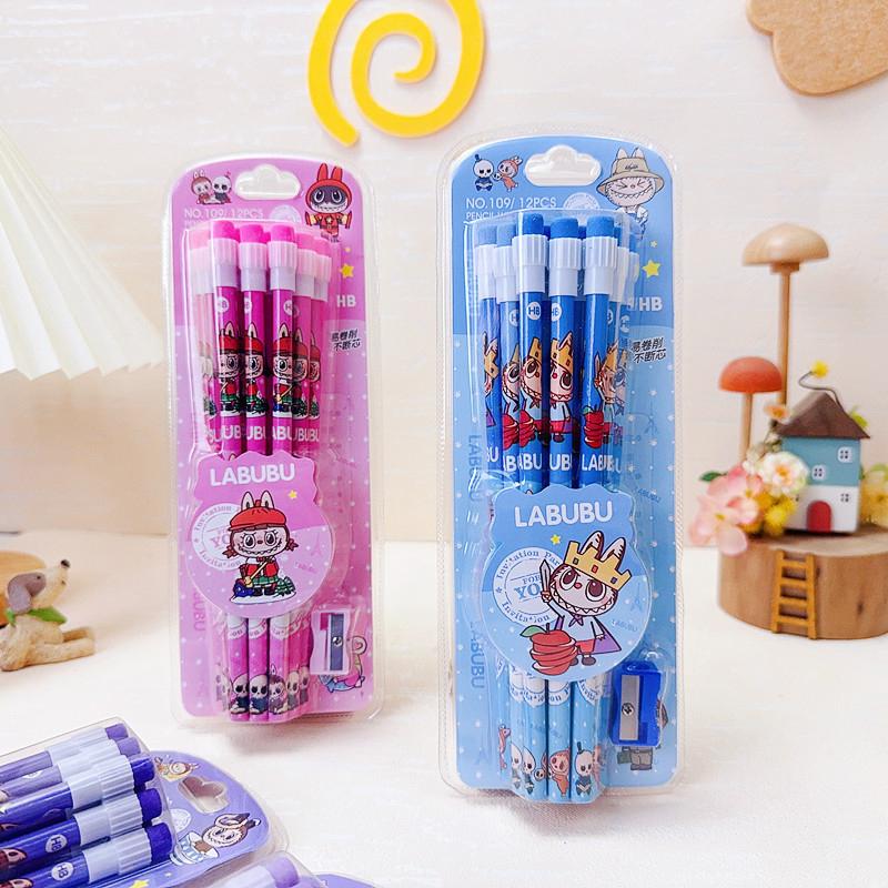 Набор из 12 мультяшных карандашей Labubu с ластиком и точилкой для карандашей, студенческие карандаши для письма и рисования, студенческие канцелярские товары, школьные принадлежности