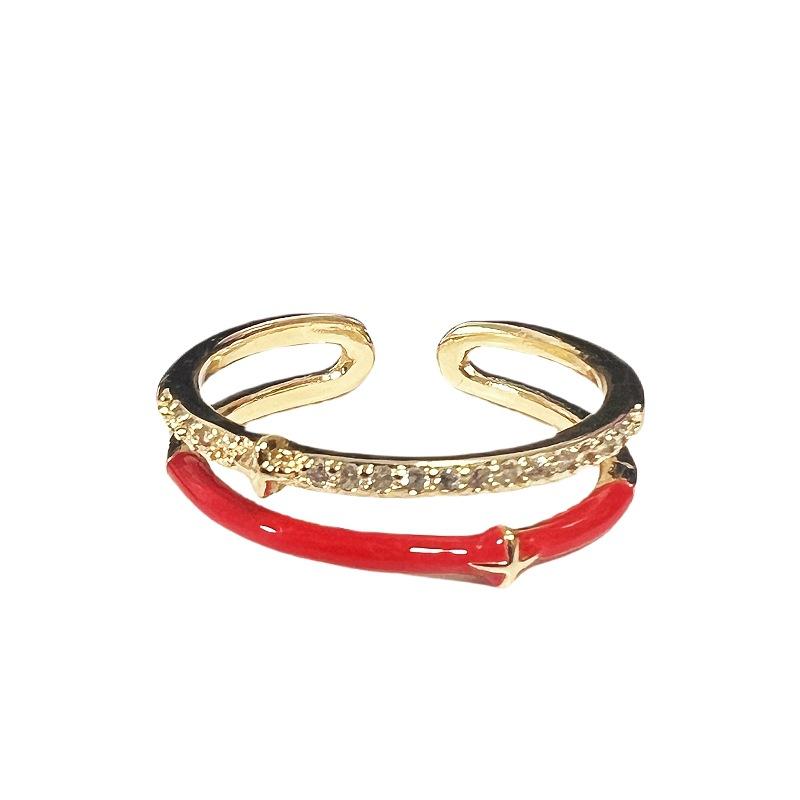 Red Oil Drop Tetragonal Star Open Ring Light Luxury Set Niche Design Sense Personality Full Of Diamonds Zircon Ring