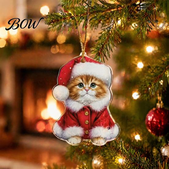 Christmas Party Decorations Cute Cat Ornaments, 2D Wooden Cartoon Tree Festive Hanging Ornaments for Winter Holiday Home Decor Gift Family