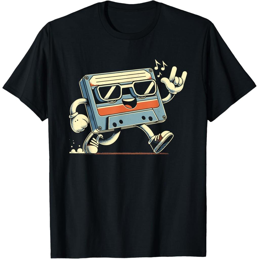 Retro Cassette Tape Graphic Tee Running Man Retro 80s 90s Music Print T-Shirt for Men