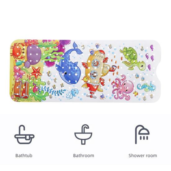 Коврик для ванной с изображением морских животных из мультфильма 100x40 см, с присоской и сливными отверстиями, прямоугольный, из ПВХ, нескользящий, можно стирать в стиральной машине