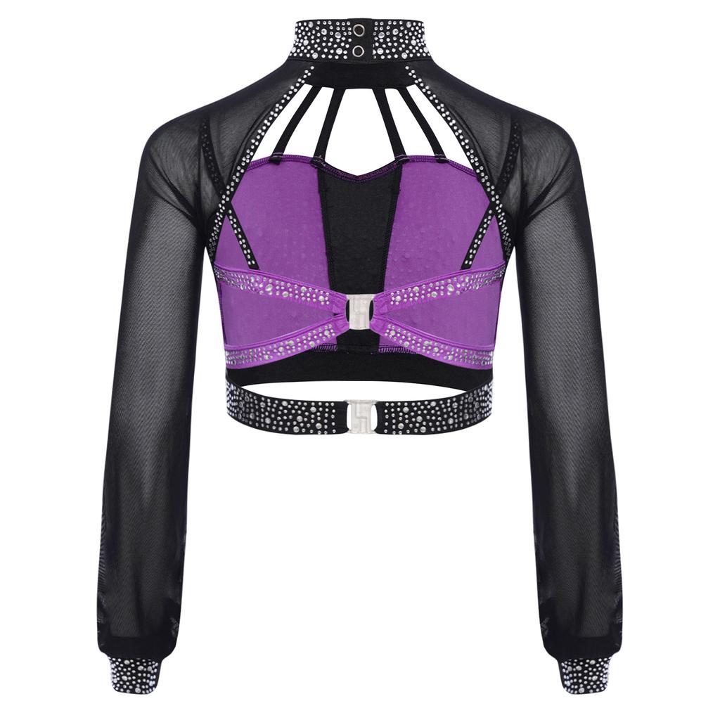 Топ для танцевальных выступлений для девочек, дизайн колор-блок, воротник-стойка, прозрачные сетчатые рукава, вырез на спине, укороченный топ со стразами