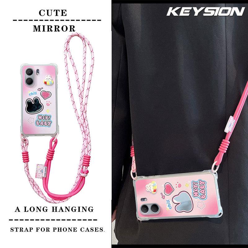 KEYSION Crossbody Strap Phone Case for OPPO A5X 5G Cute Cartoon Long Lanyard Mirror Shockproof Cover for OPPO A5X