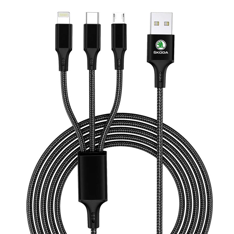Автомобильная эмблема 3в1 Кабель для быстрой зарядки Type C Lightning Micro USB для Skoda SCALA Superb Octavia 2 3 A4 A5 Fabia Kamiq Kapoq Kodiaq Rapid