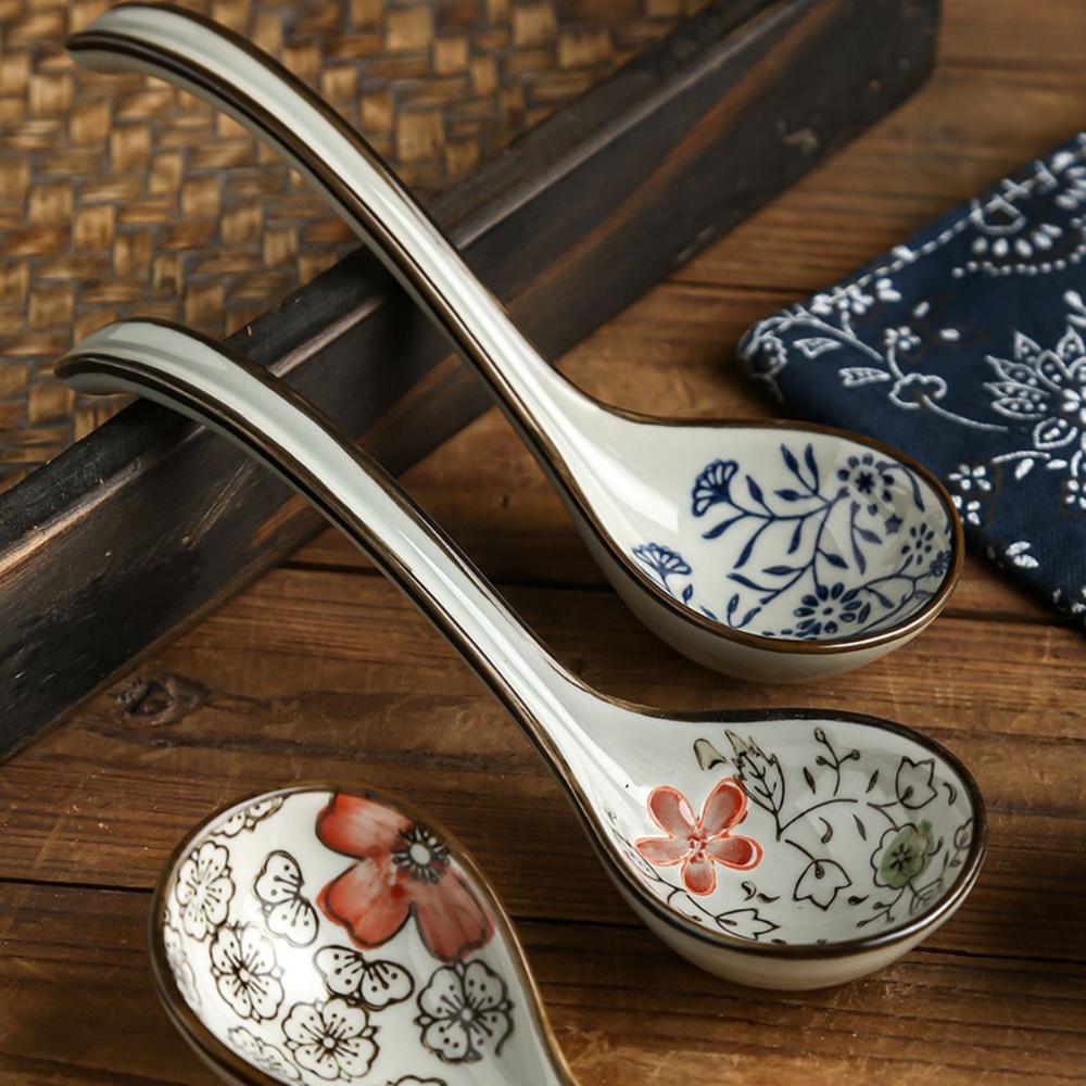 Adults Kids Mixing Eating Japanese Style Ceramic Tableware Kitchen Utensil Soup Spoons Cutlery