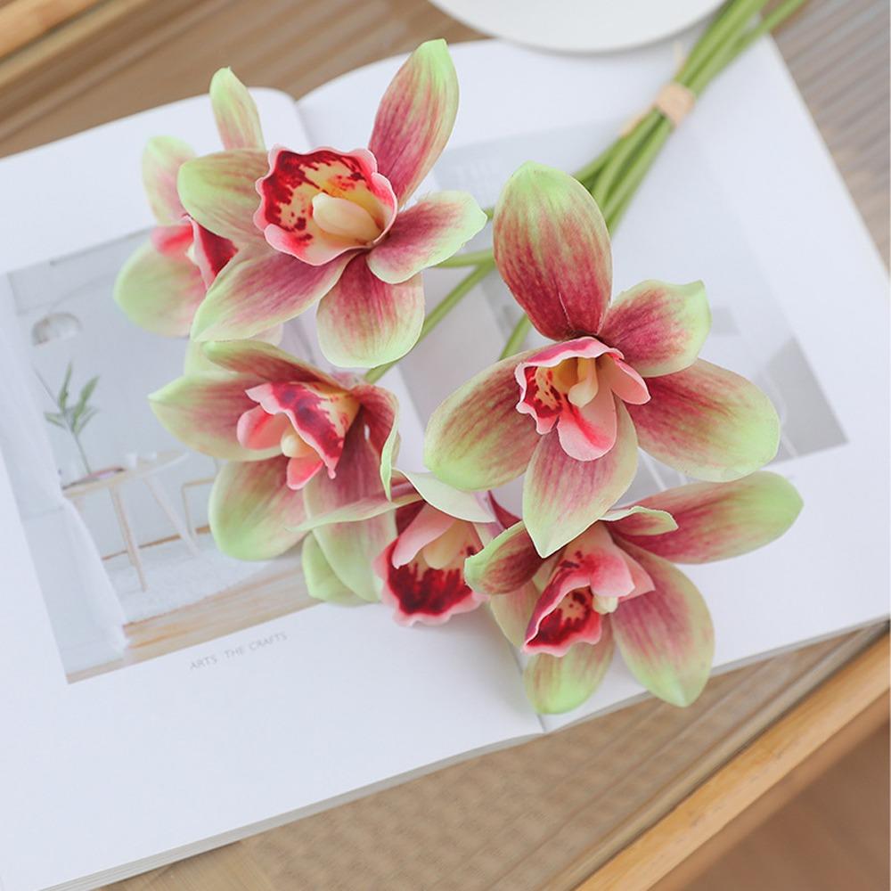6pcs Realistic Artificial Cymbidium Flowers Real Touch Fake Flower  Outdoor Garden Decor