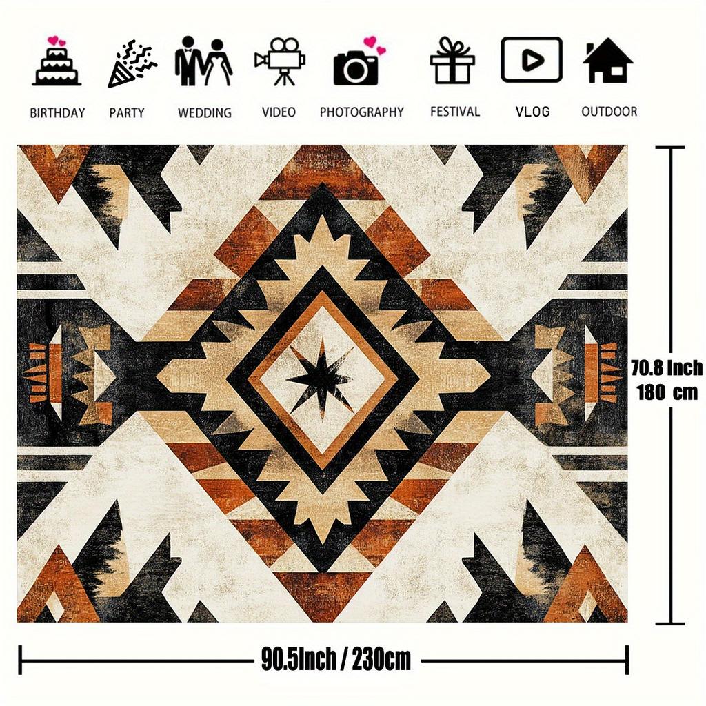 2D Flat, Aztec Geometric Pattern Brown Black Beige Tribal Tapestry Boho Wall Art Living Room Decor Ethnic Abstract Background