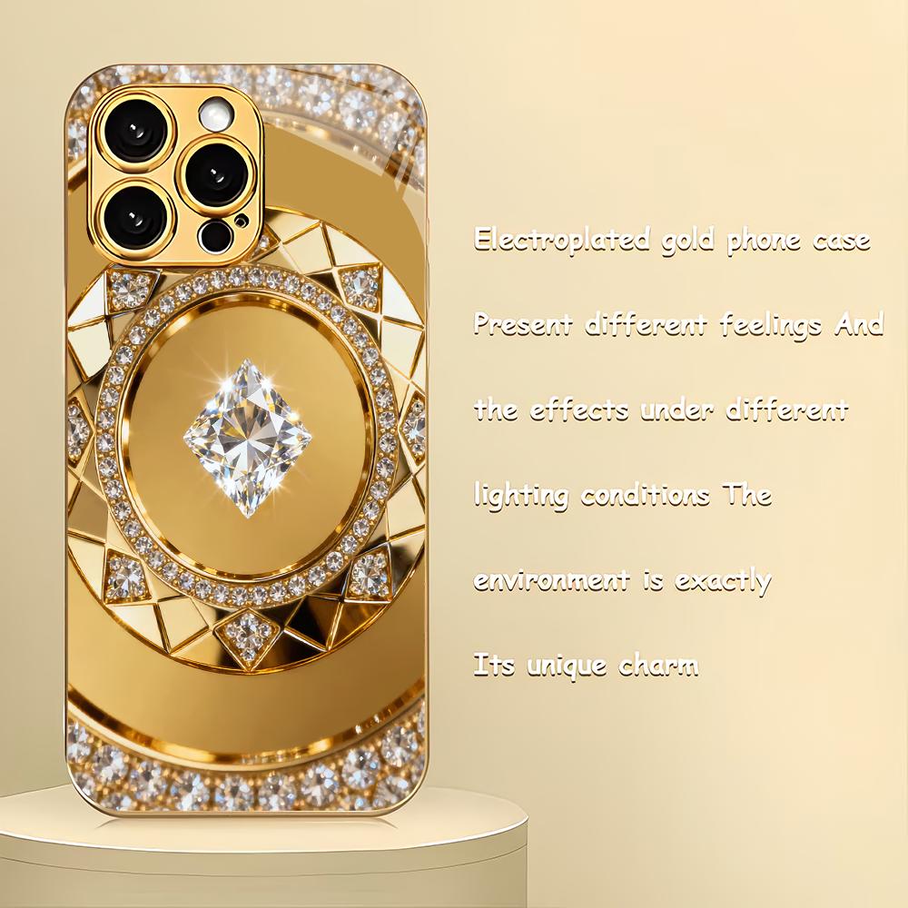 Электроplated стеклянный чехол для телефона с алмазным узором, подходит для iPhone 17 16 15 14 13 12 11 Pro/Max/Plus, противоударная задняя крышка
