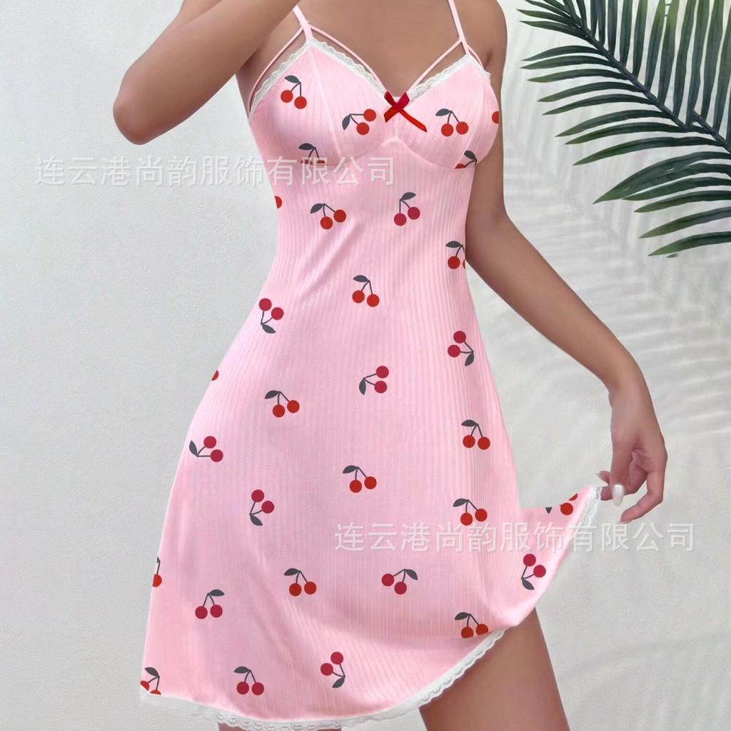 European and American love printing sexy lace home suspender skirt pure desire nightdress temptation backless sex dress