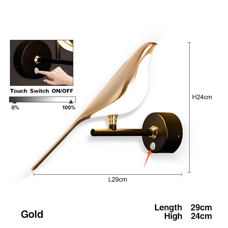 Touch Switch ON/OFF LED Wall Lamps for Bedside Bedroom Gold Silver Magpie Bird LED Wall Lights Wall Sconce for Corridor Aisle