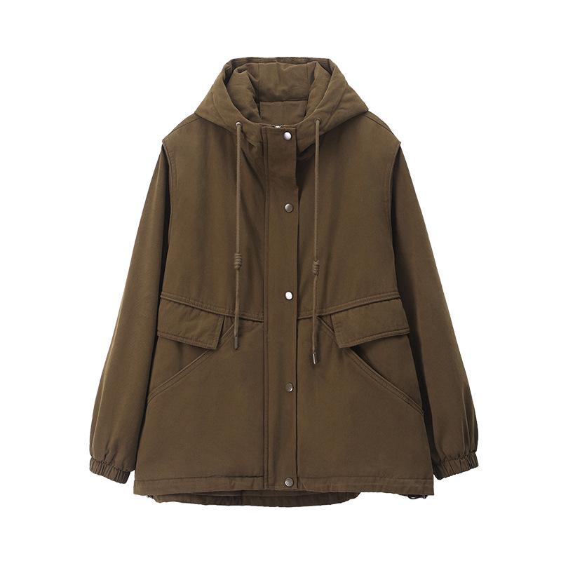 Женская хлопковая парка средней длины с капюшоном 2024 года - На флисовой подкладке, однотонная, повседневного свободного кроя, зимнее пальто