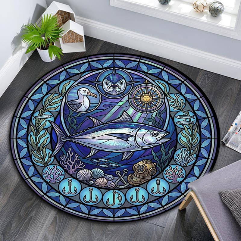 Ocean Life Glass Round Area Rug Under Office Chairs Bedroom Living Room Home Decor
