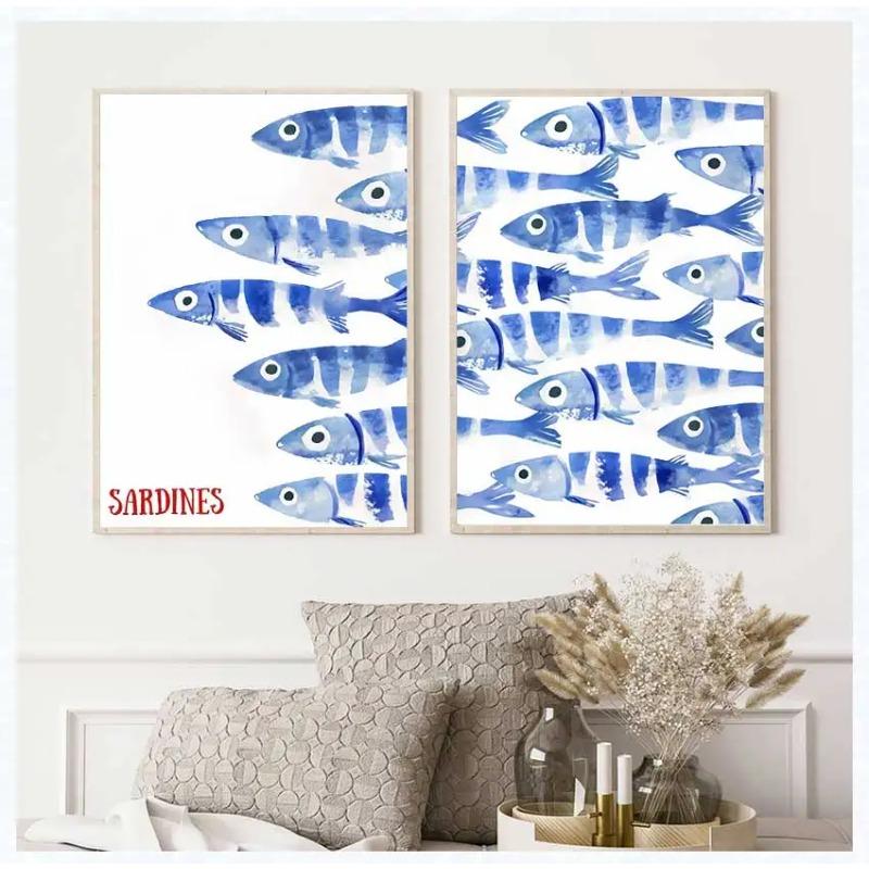Blue Sardines Fish Canvas Prints Poster Japanese Funny Cute Art Style for Kithren,living Room Wall Home Decor